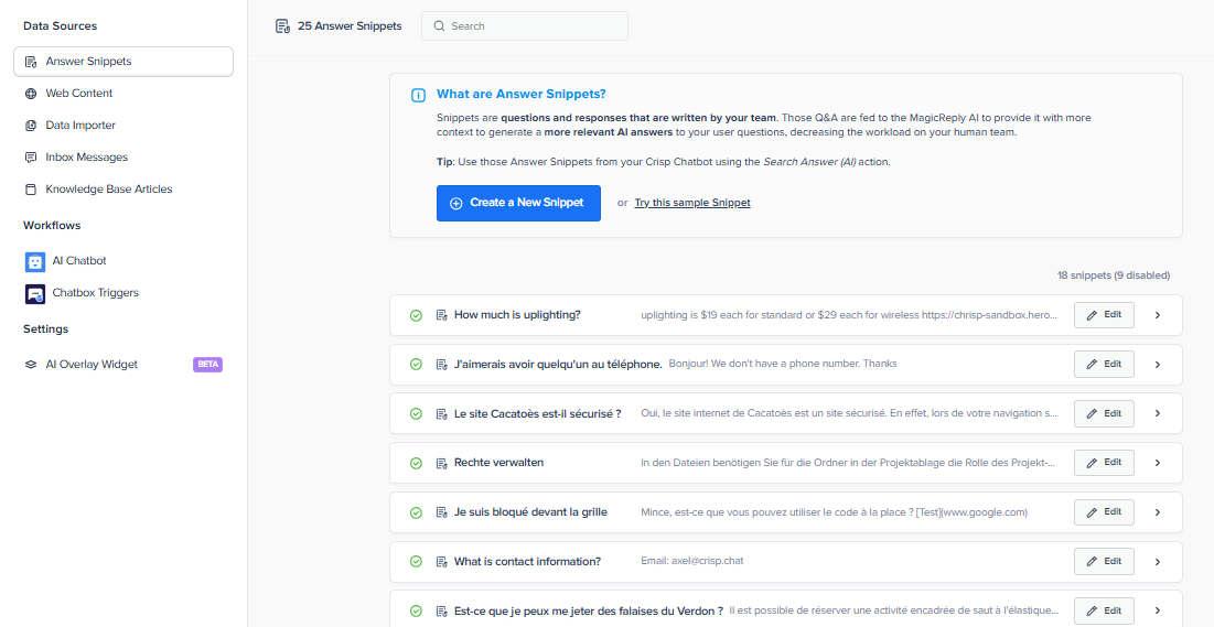 Answer snippets to help agents respond faster