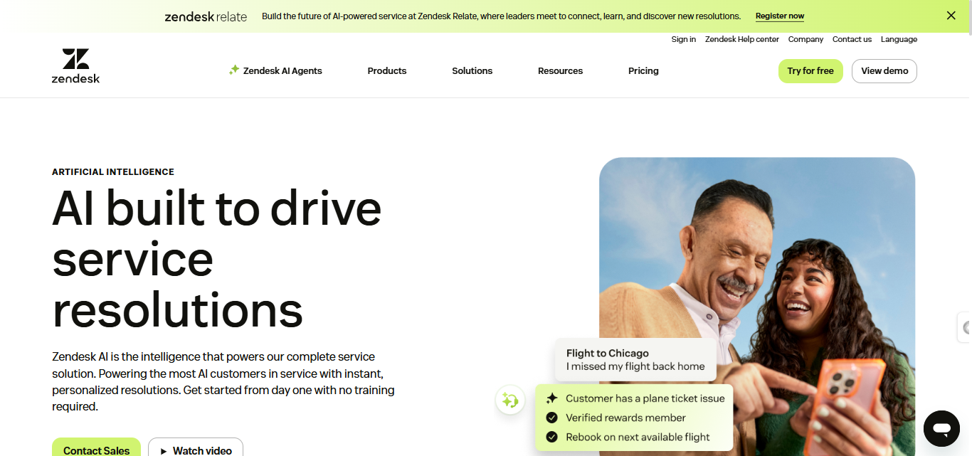 Screenshot of Zendesk AI homepage