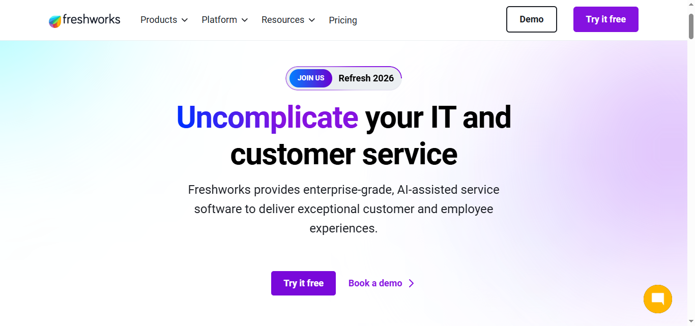 Screenshot of Freshchat/Freshdesk hompage