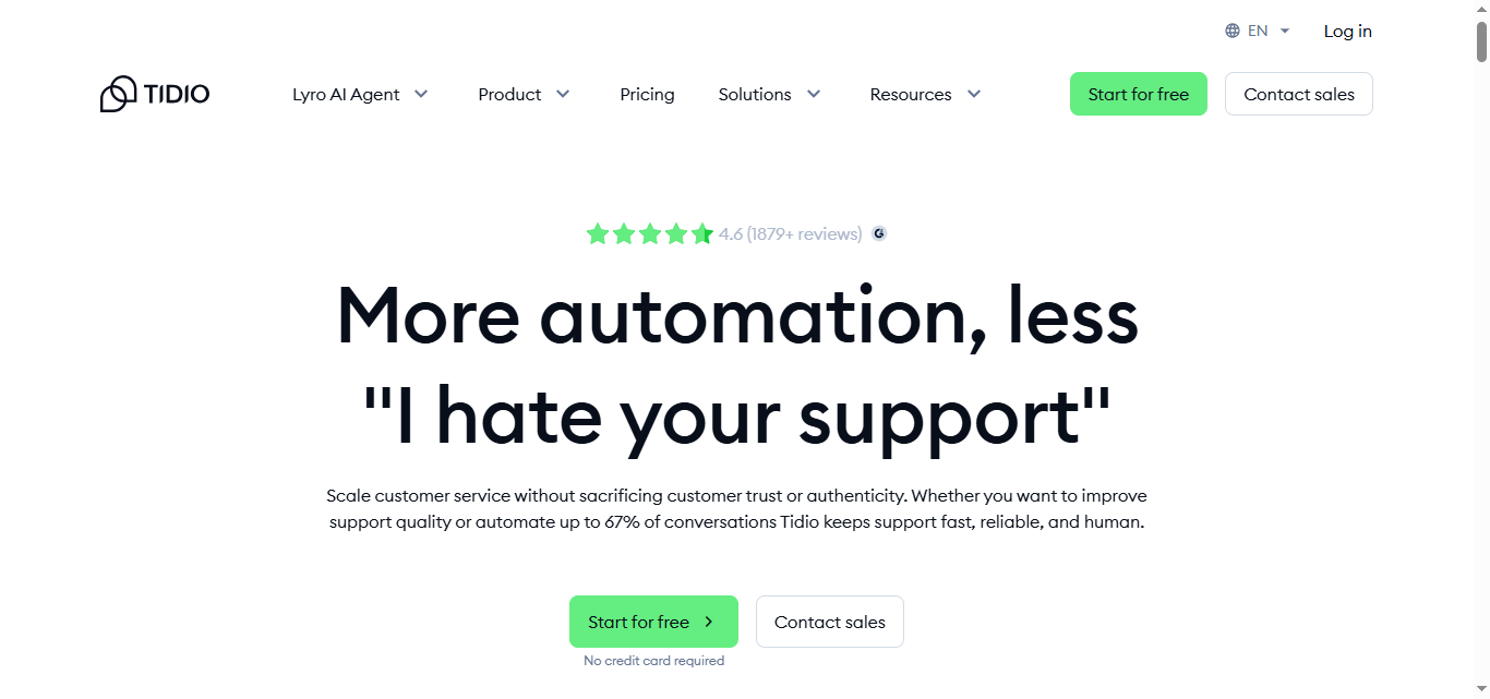 Screenshot of  Lyro by Tidio homepage