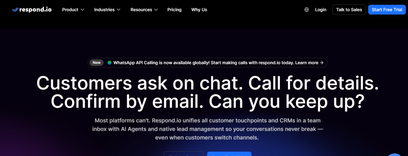 Screenshot of Respond.io hompage