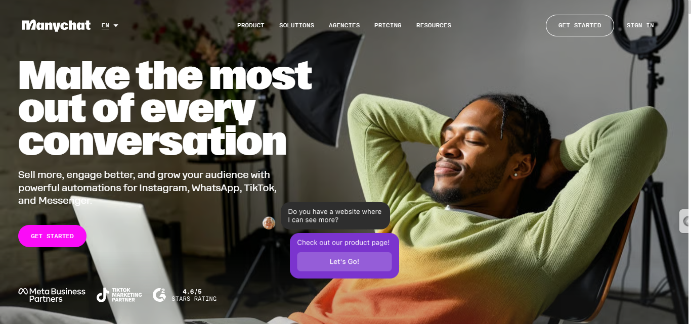 Screenshot of Manychat homepage