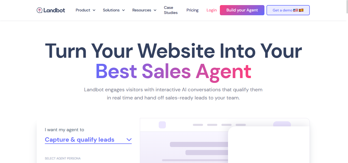 Screenshot of the landbot homepage