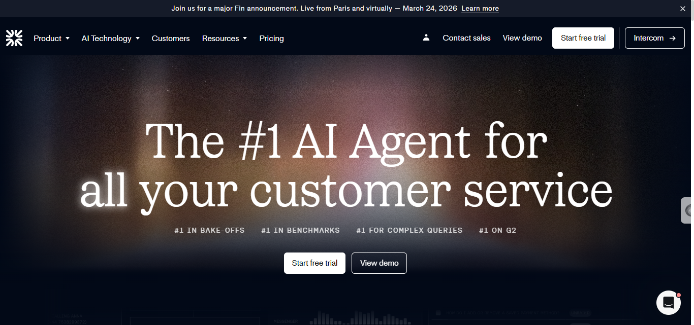 Screenshot of intercom fin homepage